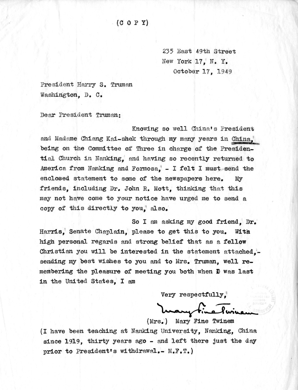 Letter from Mary Fine Twinem to President Harry S. Truman, with Attachment