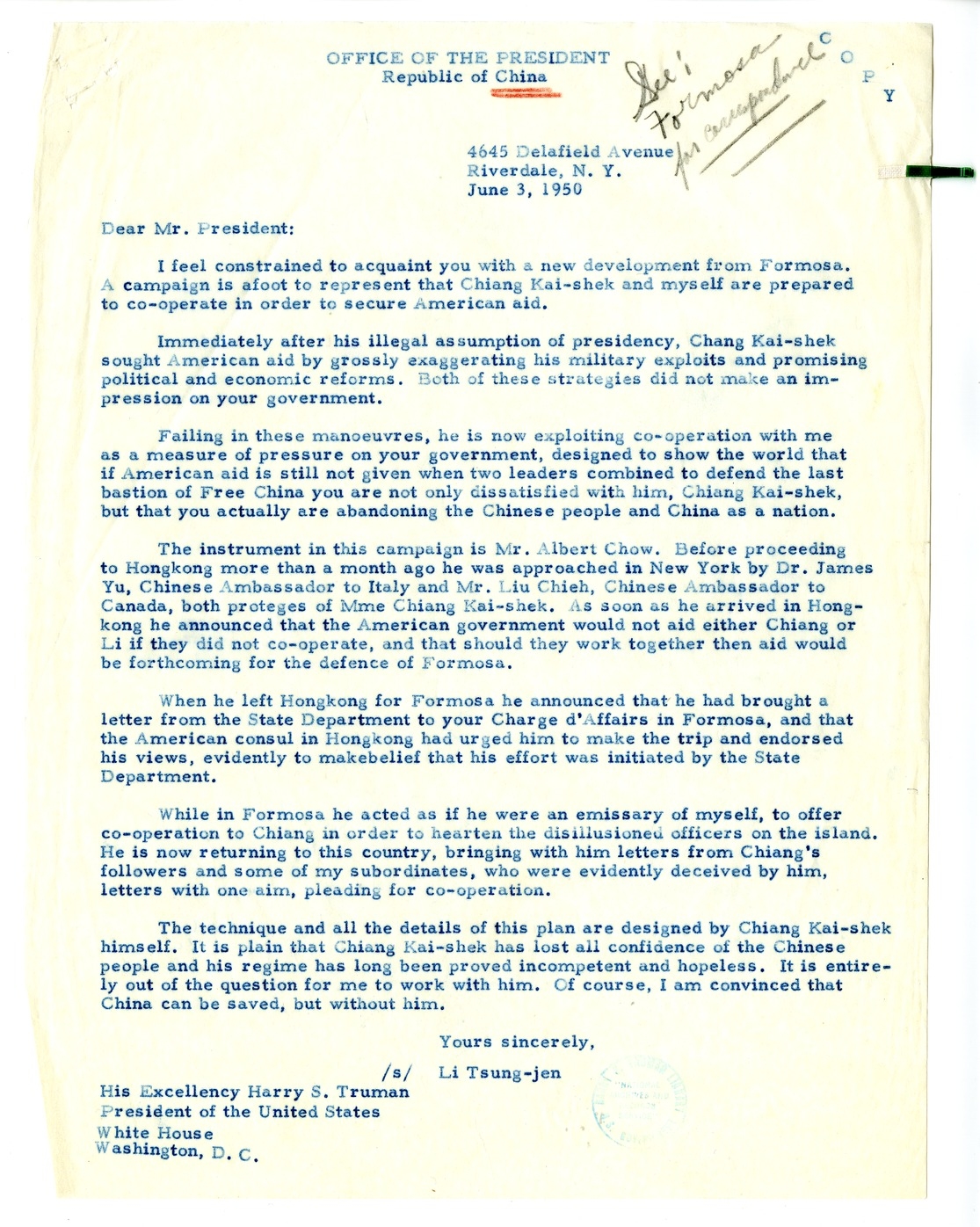 Letter from Li Tsung-jen to President Harry S. Truman
