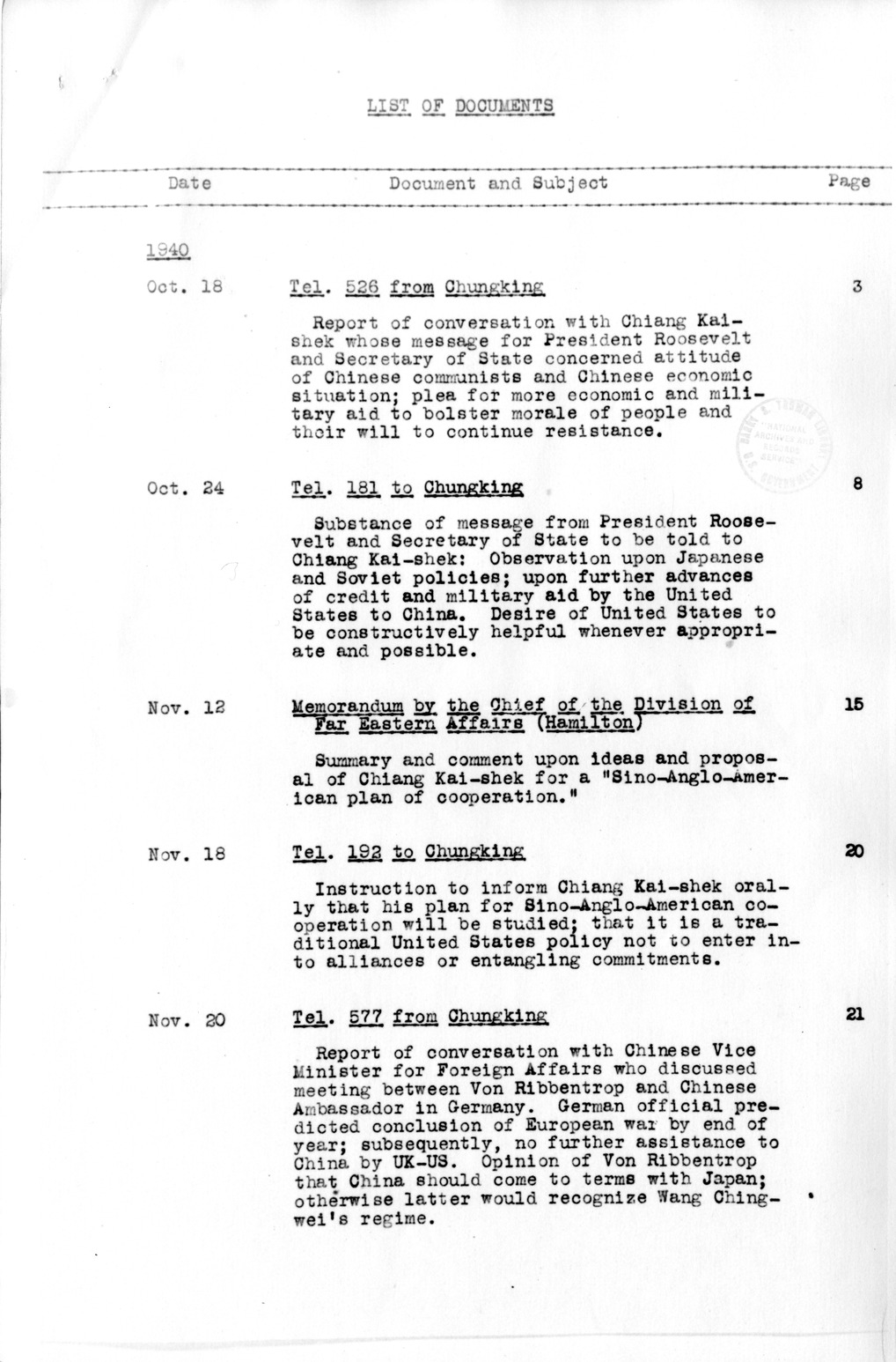 Title Page and Table of Contents, Documents on Diplomatic Aspects of Efforts by the United States to Supply China with Materials of War Under the Lend-Lease Act, 1940-1947 / Part I (1940-1941)