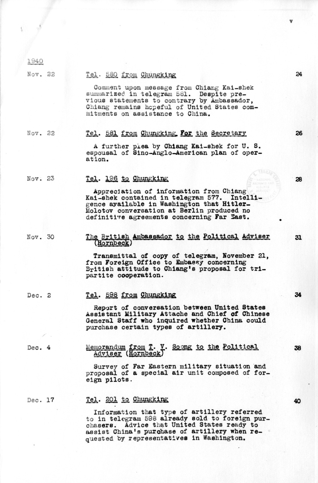 Title Page and Table of Contents, Documents on Diplomatic Aspects of Efforts by the United States to Supply China with Materials of War Under the Lend-Lease Act, 1940-1947 / Part I (1940-1941)