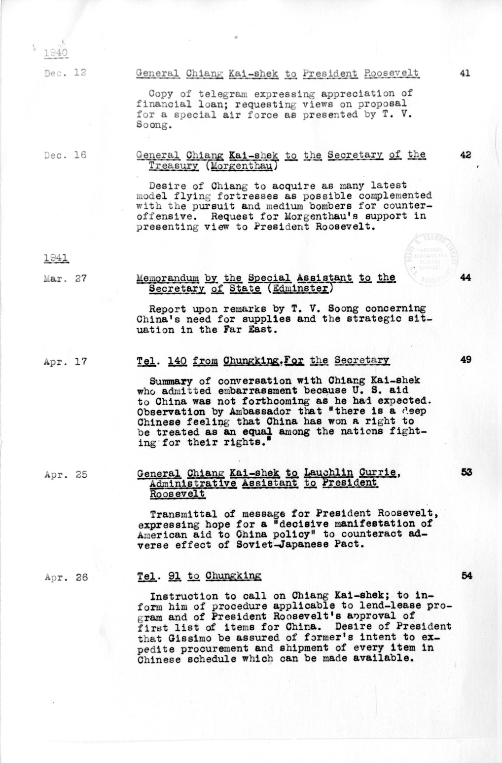 Title Page and Table of Contents, Documents on Diplomatic Aspects of Efforts by the United States to Supply China with Materials of War Under the Lend-Lease Act, 1940-1947 / Part I (1940-1941)