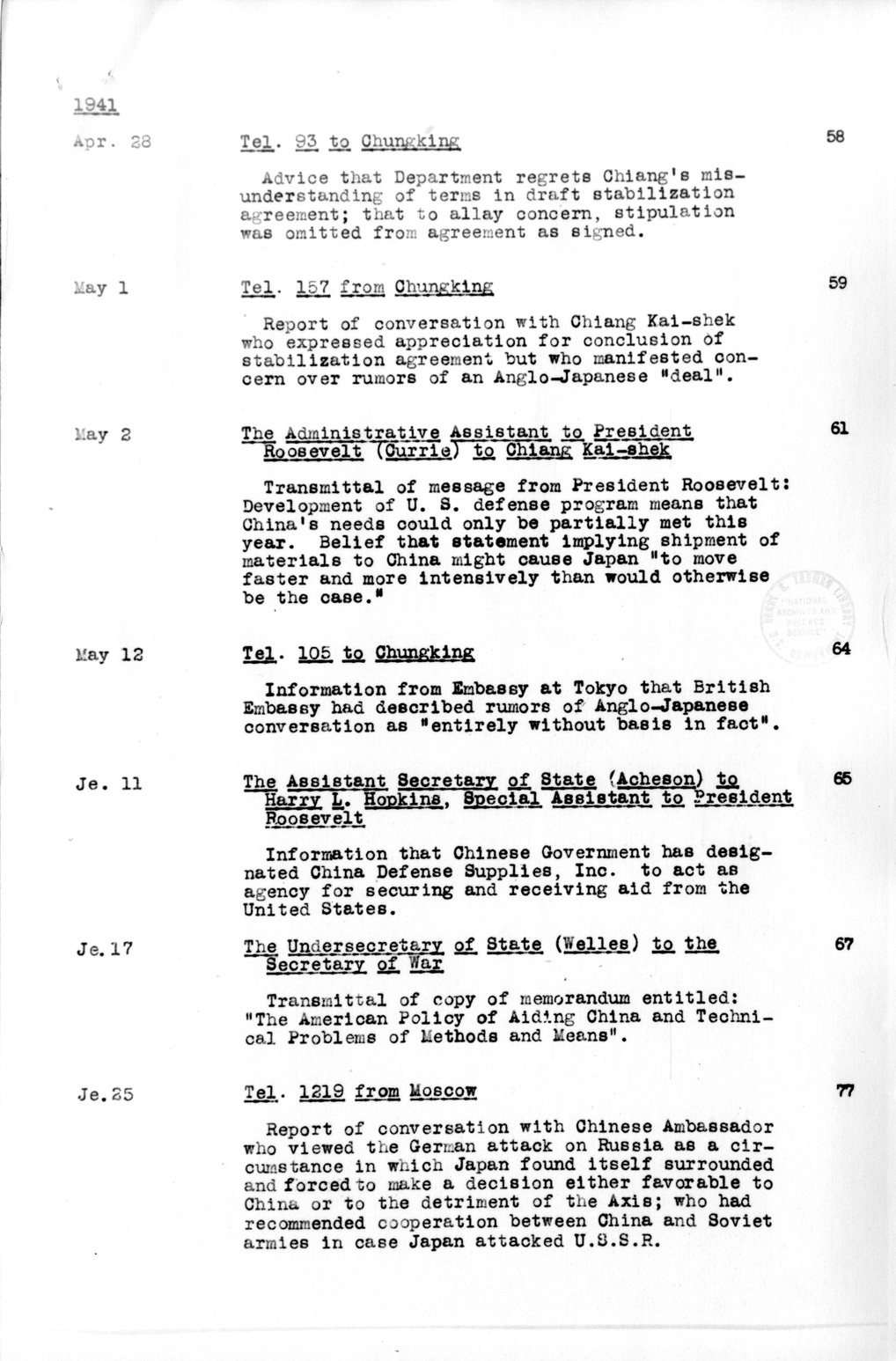 Title Page and Table of Contents, Documents on Diplomatic Aspects of Efforts by the United States to Supply China with Materials of War Under the Lend-Lease Act, 1940-1947 / Part I (1940-1941)