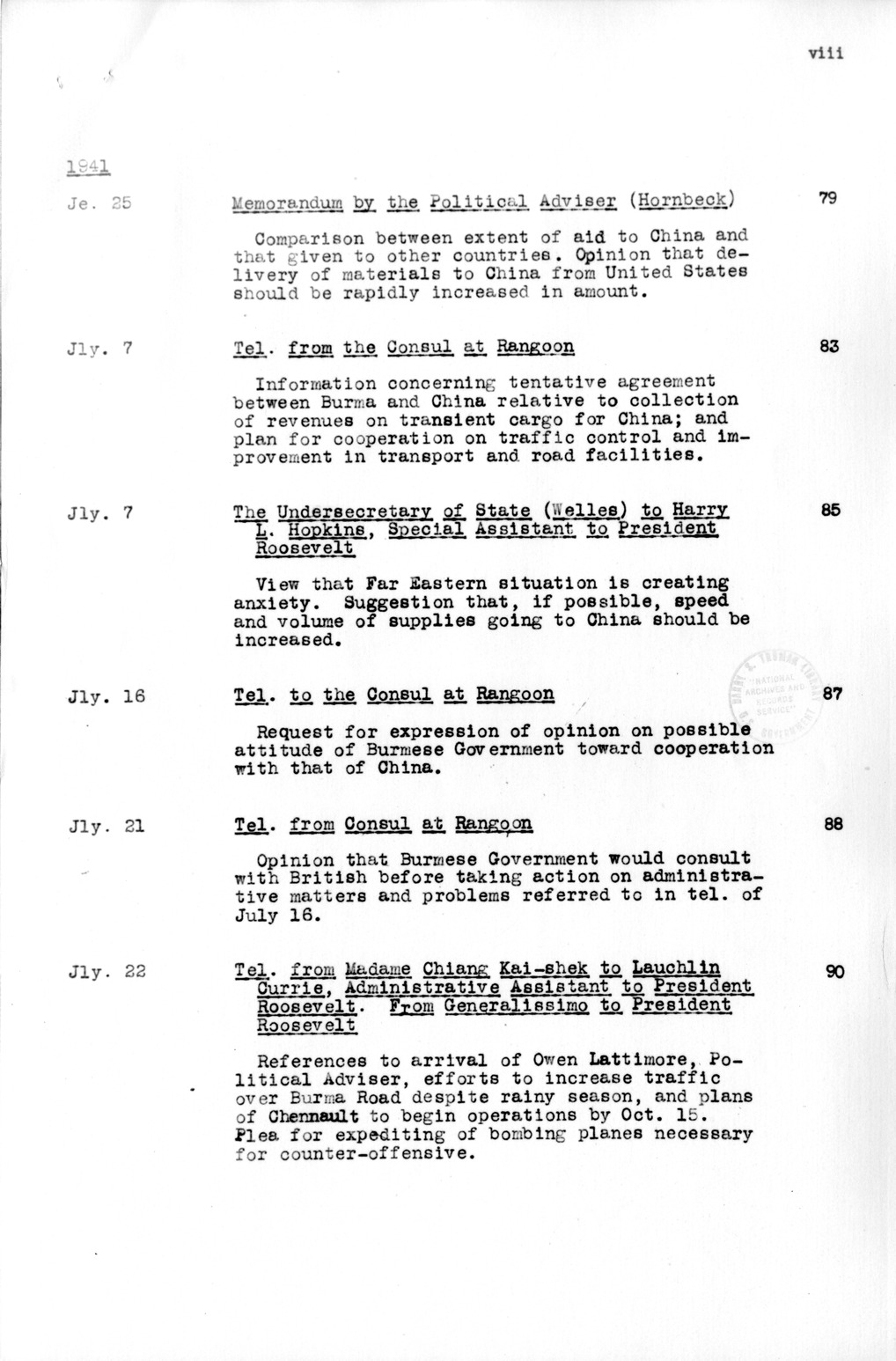 Title Page and Table of Contents, Documents on Diplomatic Aspects of Efforts by the United States to Supply China with Materials of War Under the Lend-Lease Act, 1940-1947 / Part I (1940-1941)