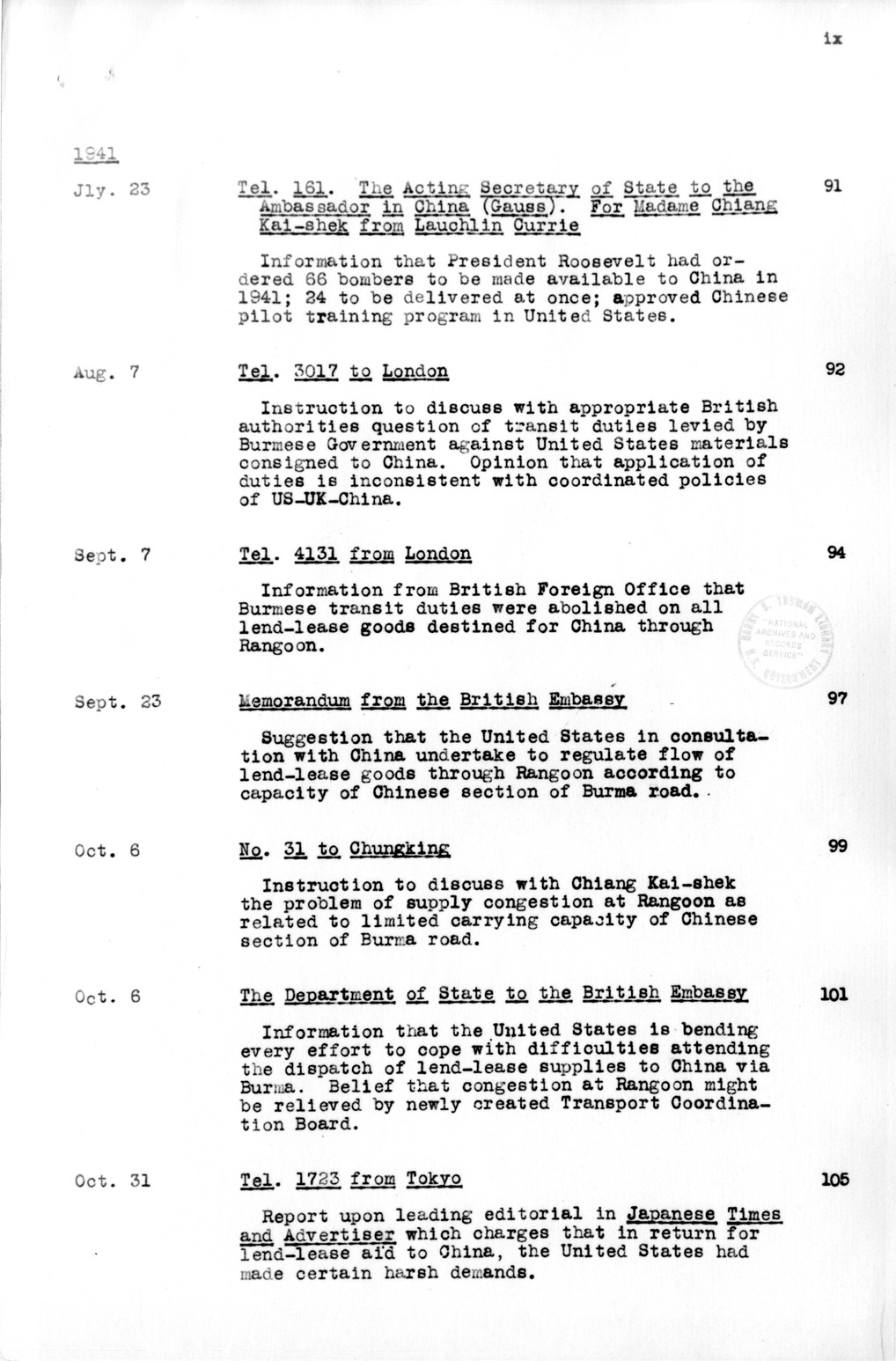 Title Page and Table of Contents, Documents on Diplomatic Aspects of Efforts by the United States to Supply China with Materials of War Under the Lend-Lease Act, 1940-1947 / Part I (1940-1941)