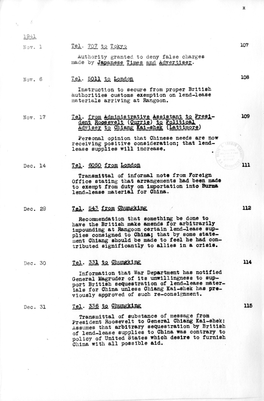 Title Page and Table of Contents, Documents on Diplomatic Aspects of Efforts by the United States to Supply China with Materials of War Under the Lend-Lease Act, 1940-1947 / Part I (1940-1941)