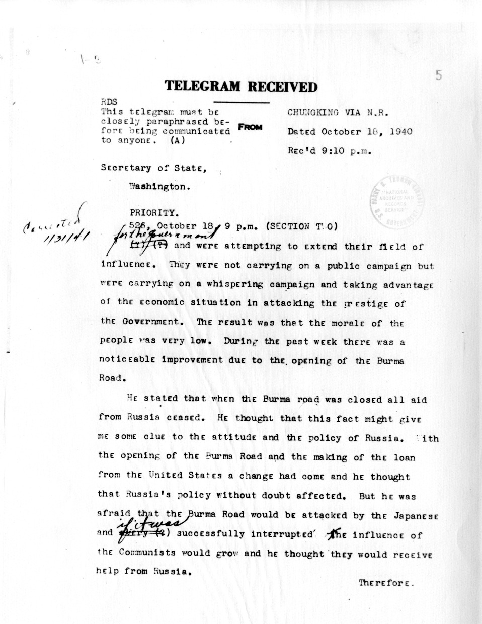 Telegram to the Secretary of State from Nelson T. Johnson