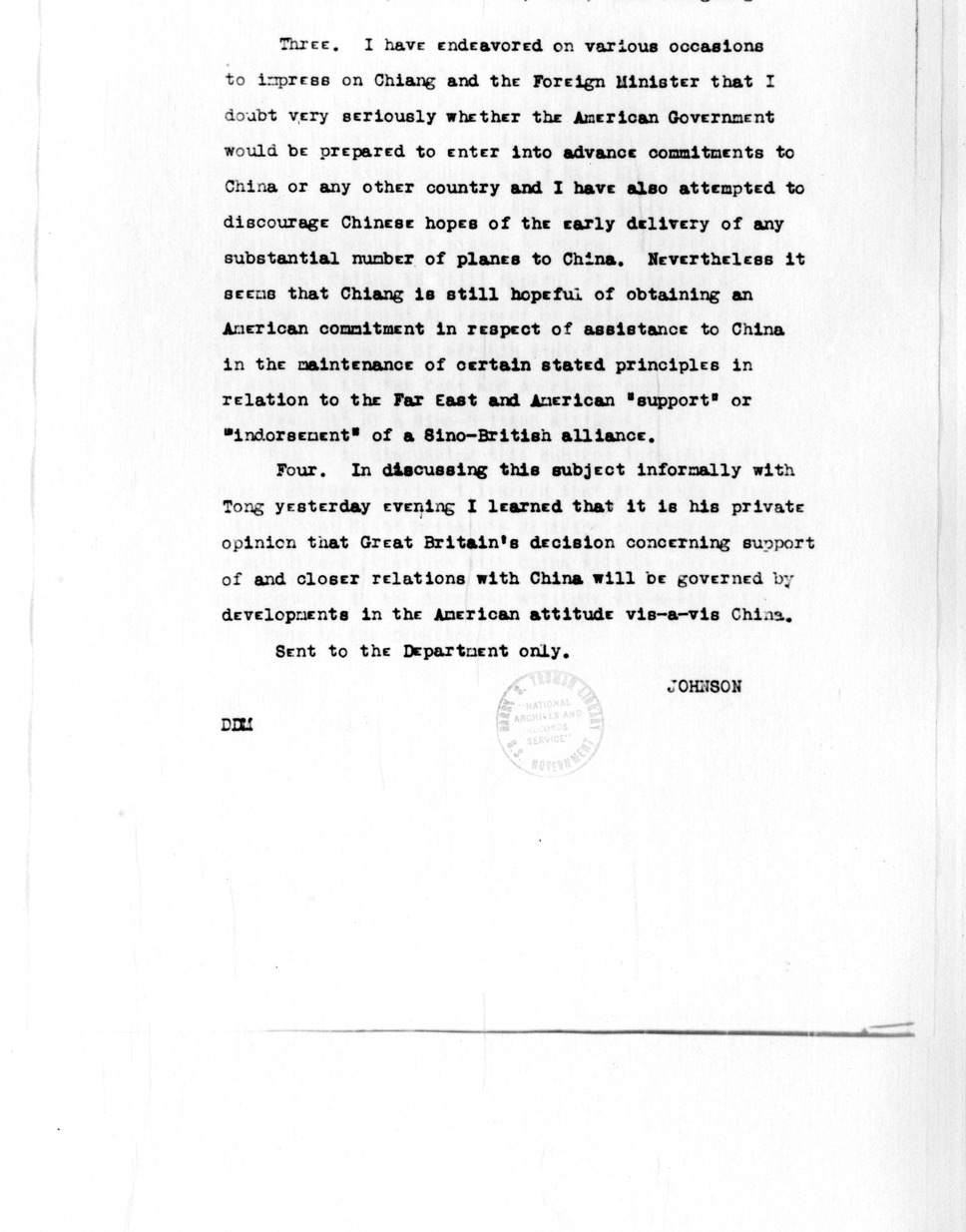 Telegram from Ambassador Nelson T. Johnson to Secretary of State Cordell Hull