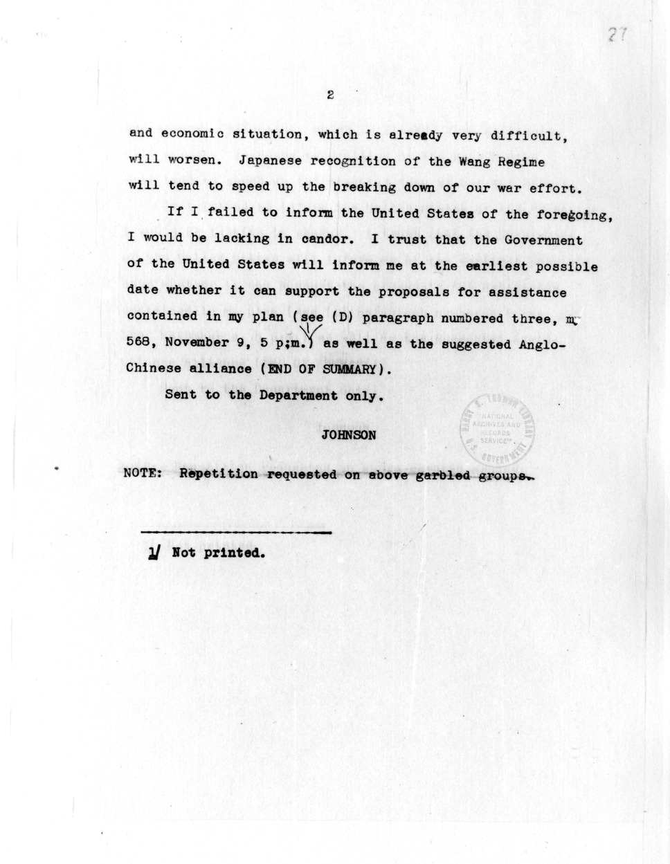 Telegram from Ambassador Nelson T. Johnson to Secretary of State Cordell Hull