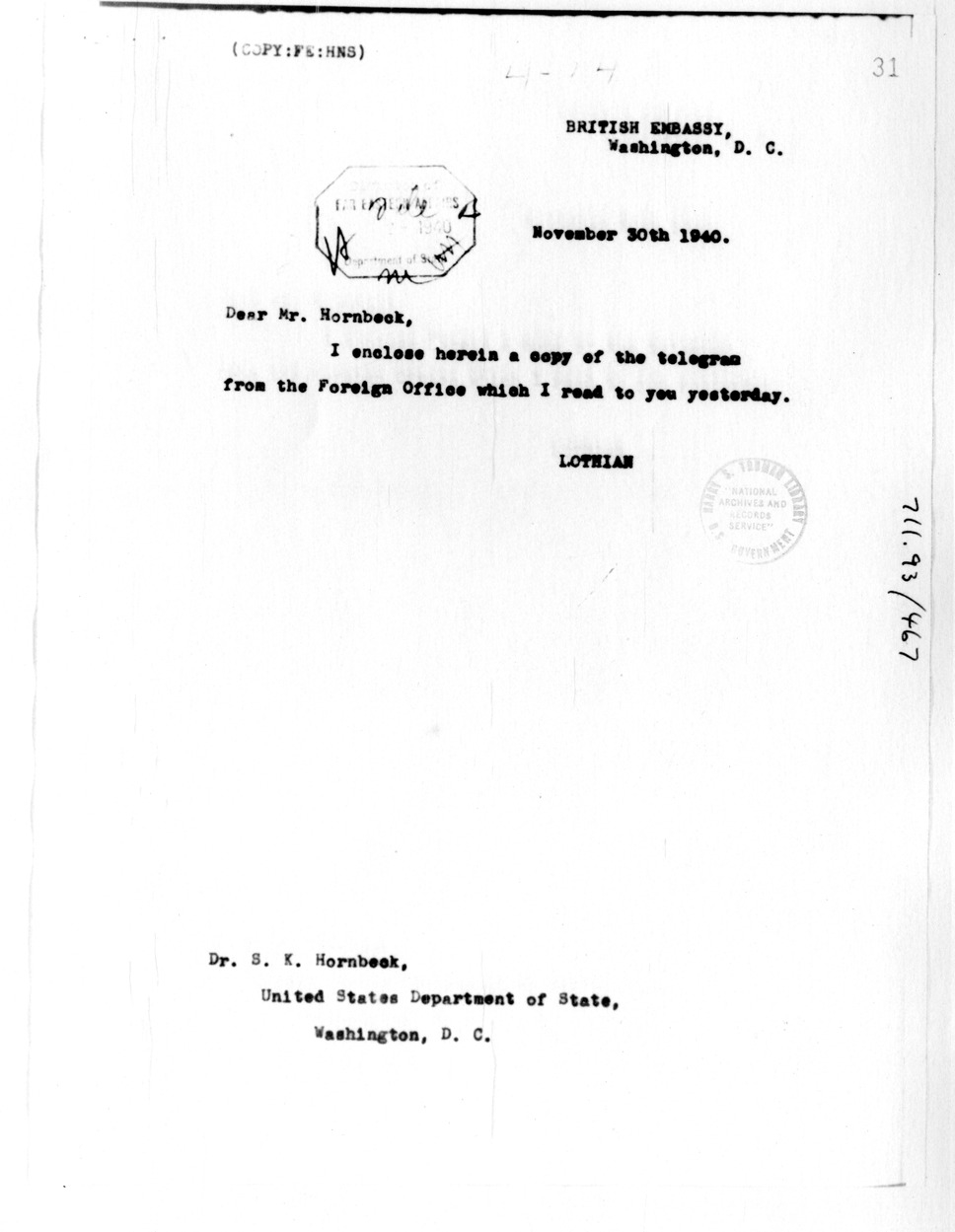 Memorandum from Lothian to S. K. Hornbeck, with Attached Telegram from the Foreign Office
