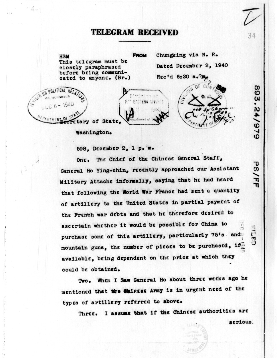 Telegram from Ambassador Nelson T. Johnson to Secretary of State Cordell Hull