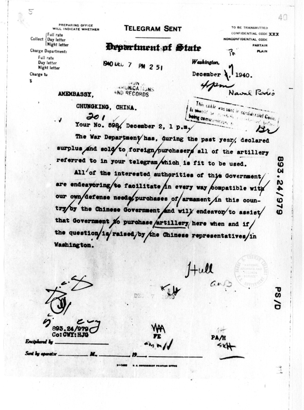 Department of State Telegram from Secretary of State Cordell Hull to Ambassador Nelson T. Johnson