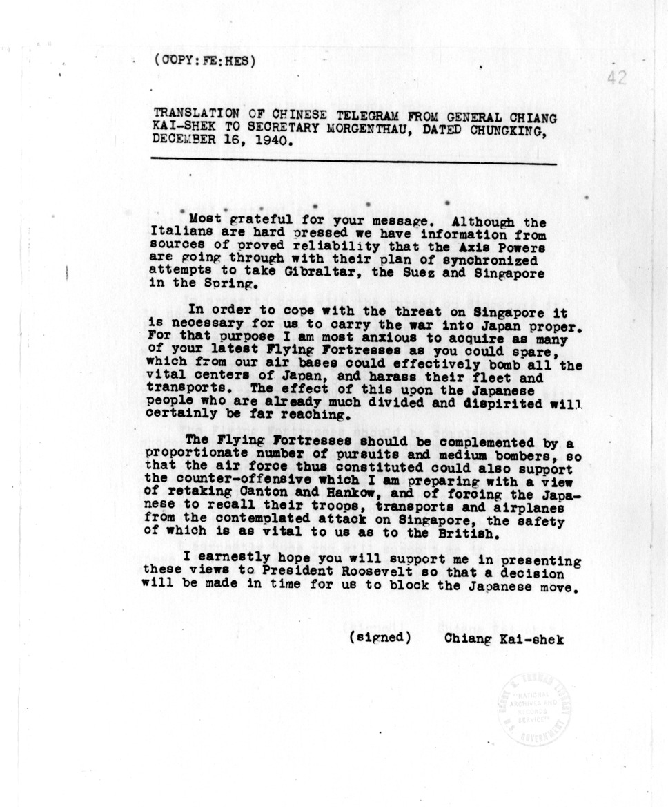 Translation of Chinese Telegram from General Chiang Kai-shek to Secretary of the Treasury Henry Morgenthau