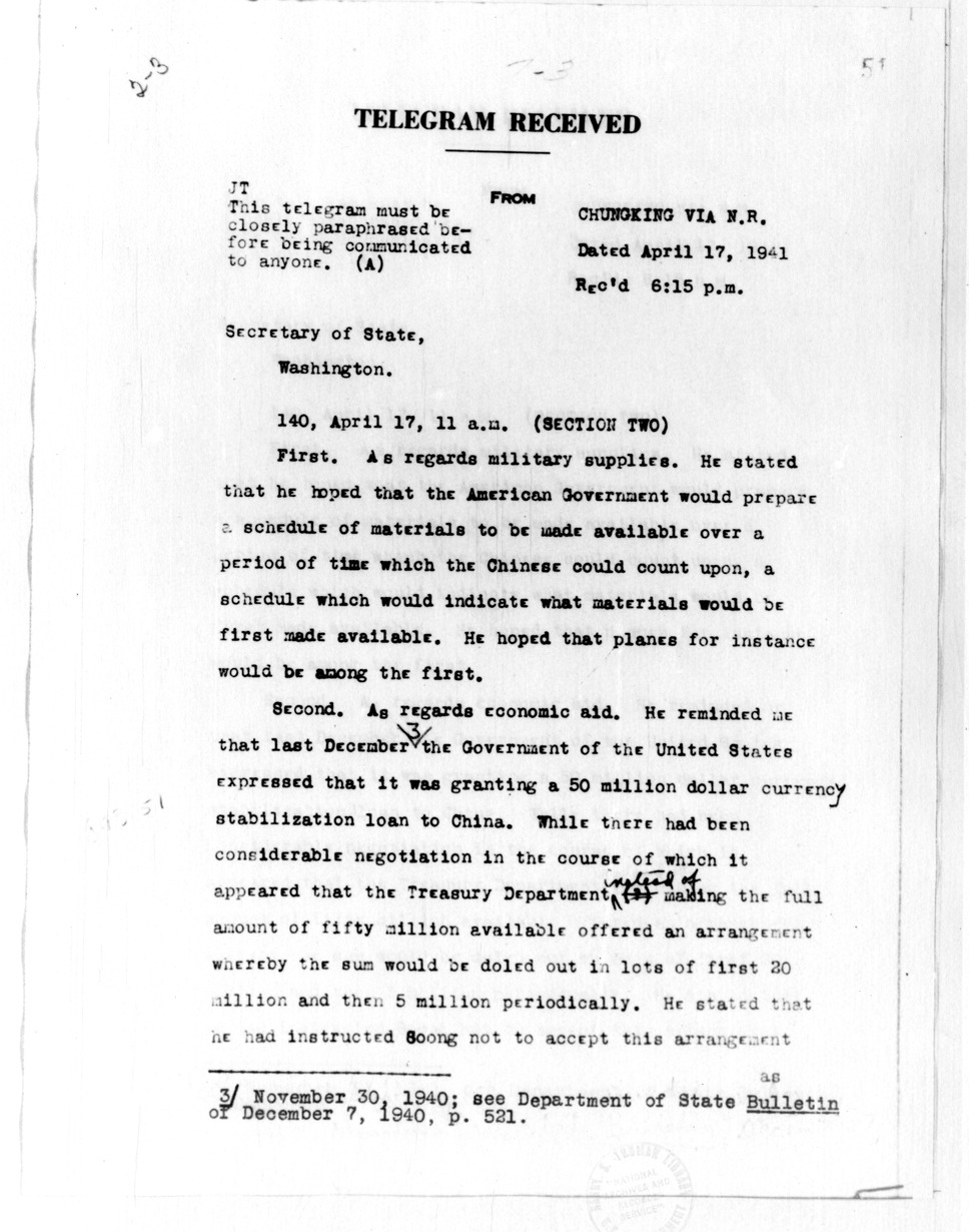 Telegram from Ambassador Nelson T. Johnson to Secretary of State Cordell Hull