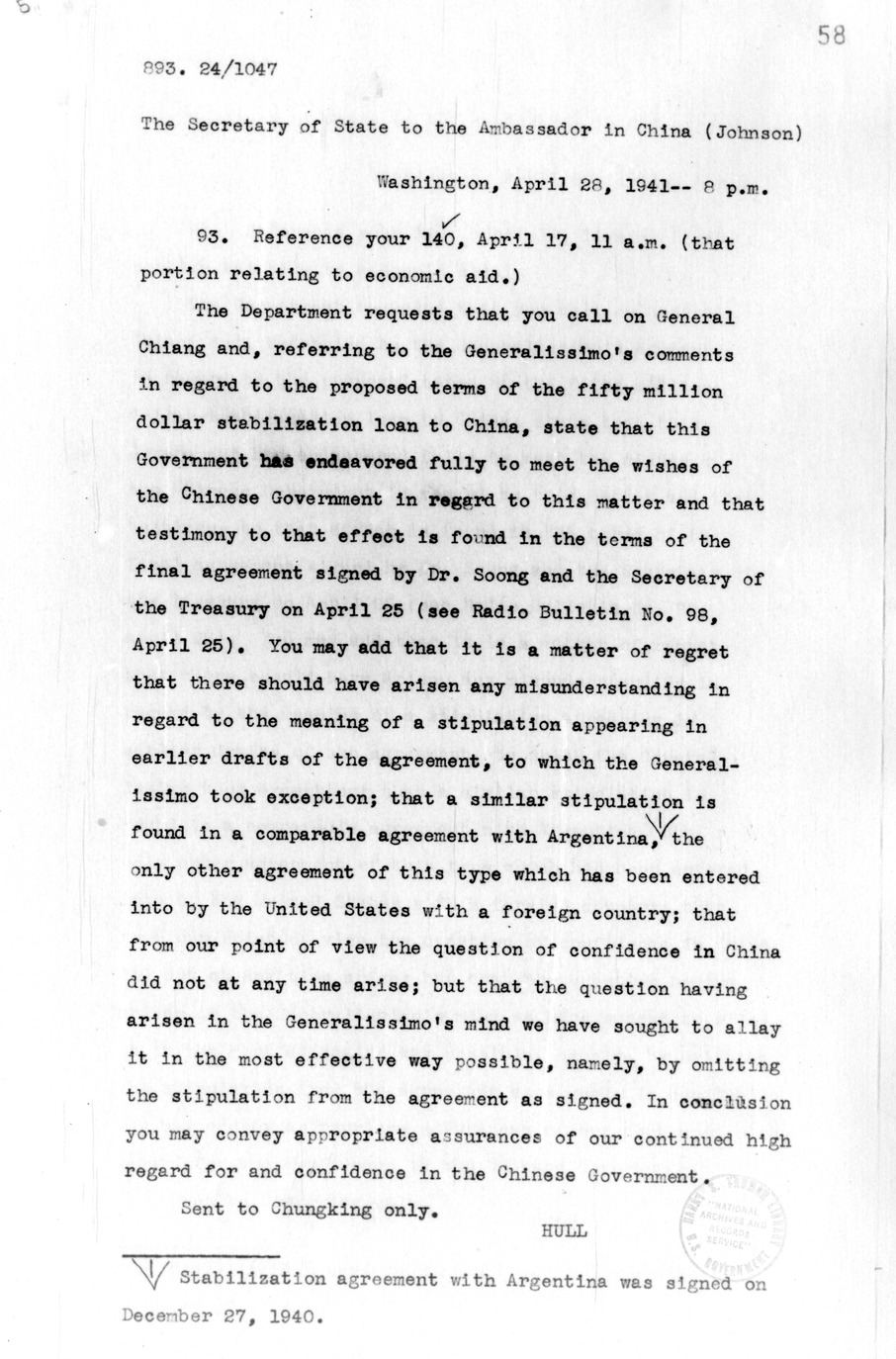 Memorandum from Secretary of State Cordell Hull to the Ambassador Nelson Johnson