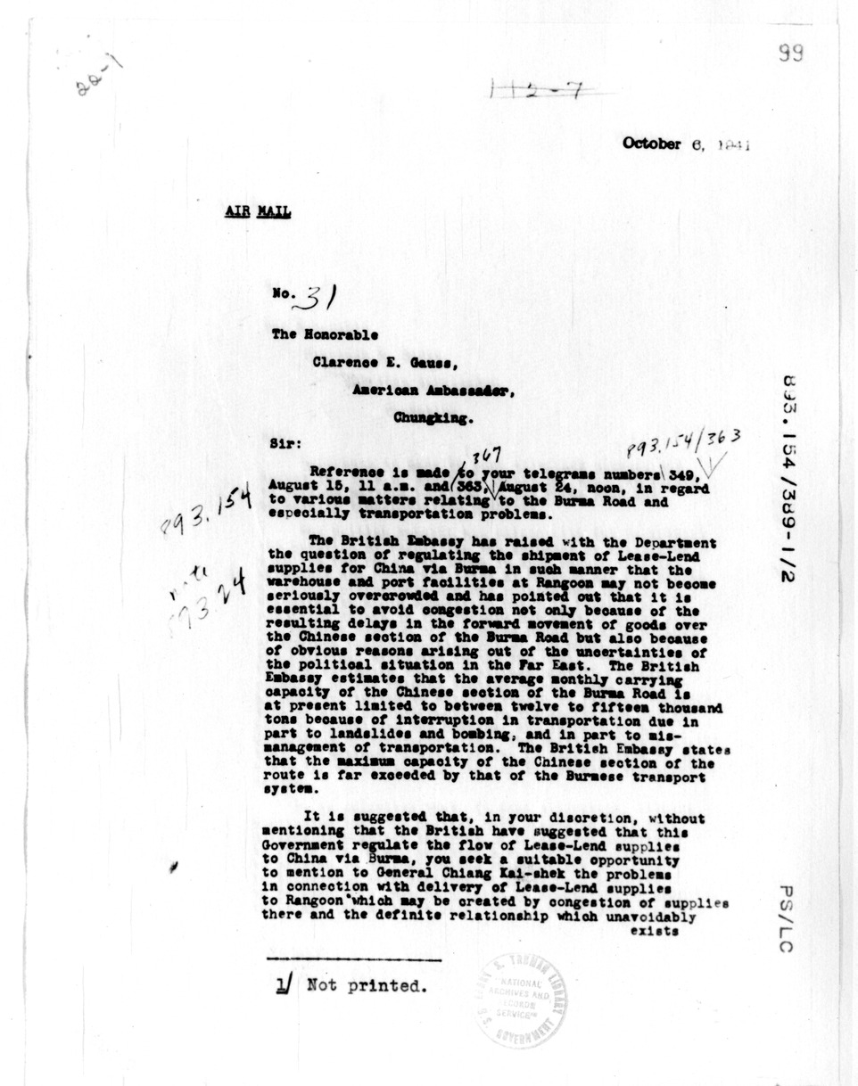 Memorandum from Sumner Welles to Ambassador Clarence Gauss