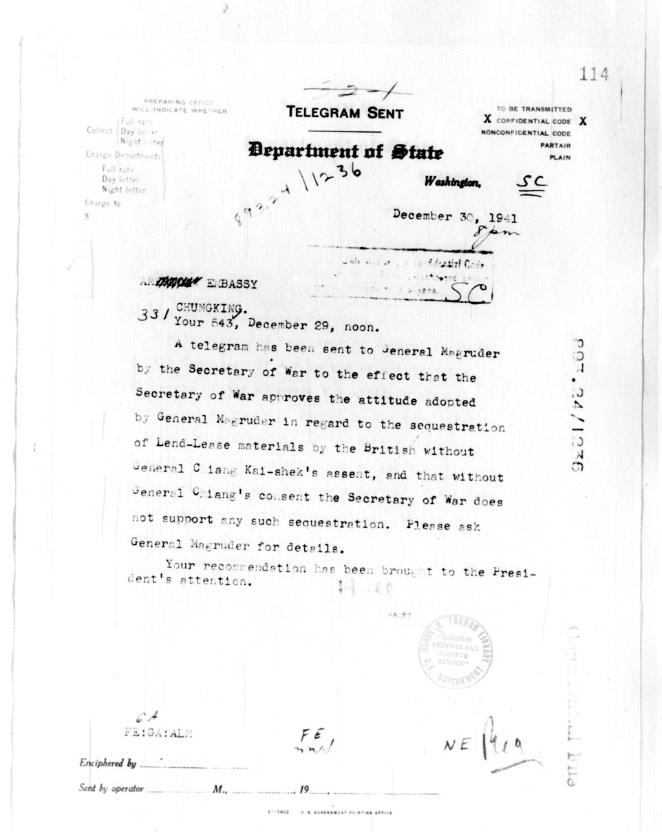 Department of State Telegram from Secretary of State Cordell Hull to the American Embassy, Chungking