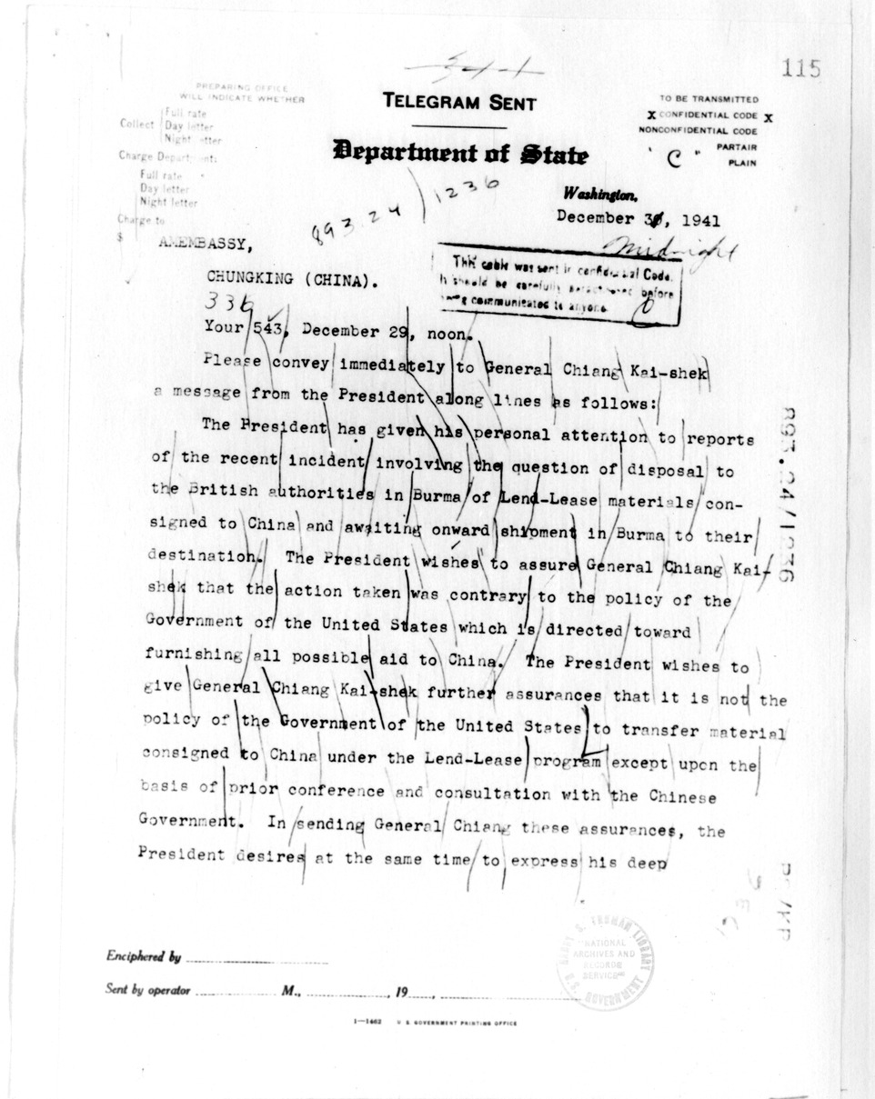 Department of State Telegram from Secretary of State Cordell Hull to American Embassy, Chungking