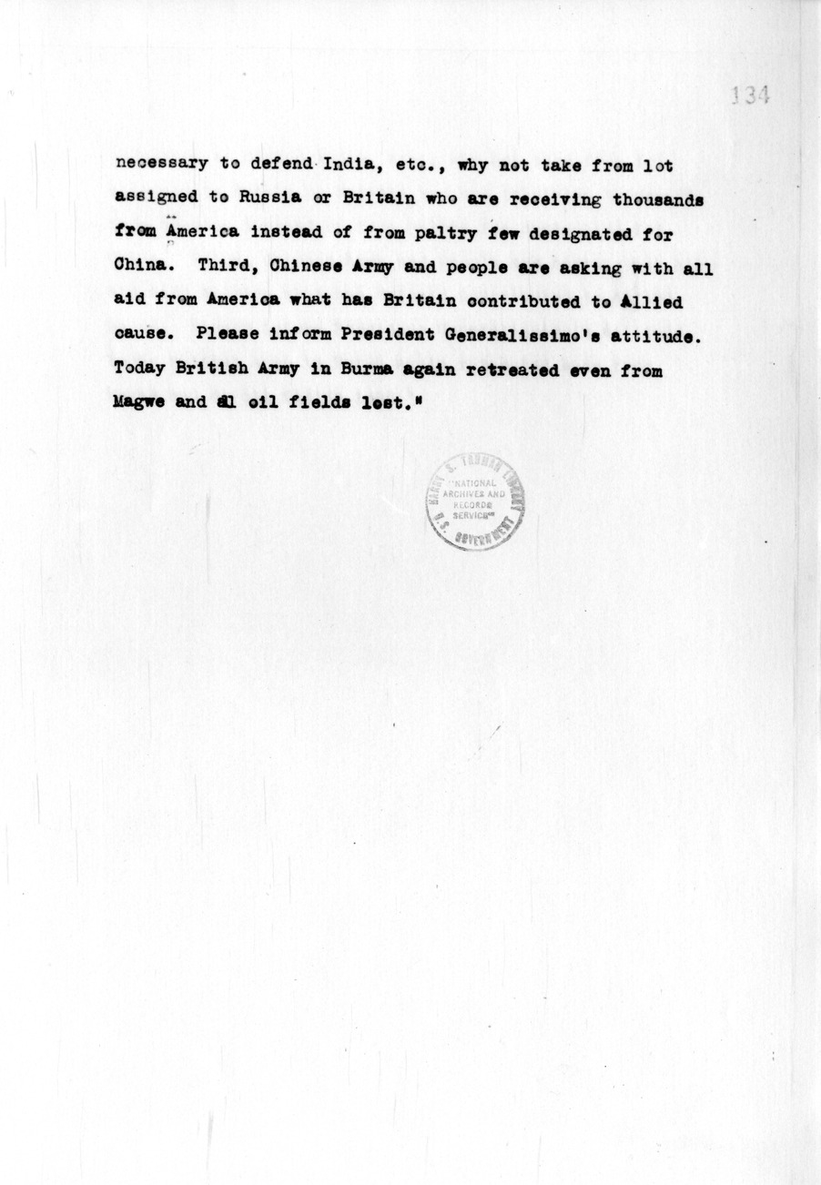 Telegram from Madame Chiang Kai-Shek to Dr. Lauchlin Currie