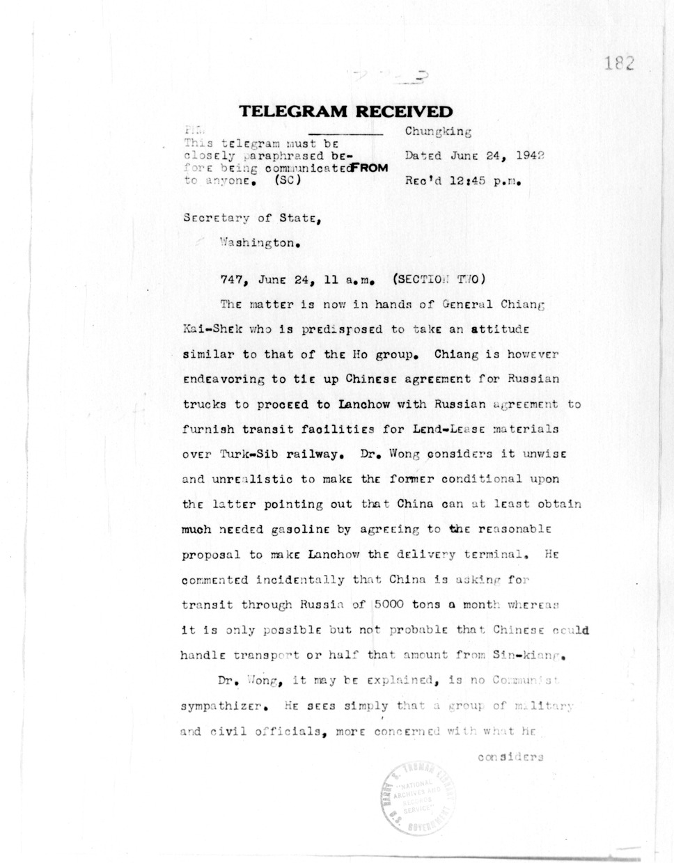 Telegram from Clarence E. Gauss to Secretary of State Cordell Hull