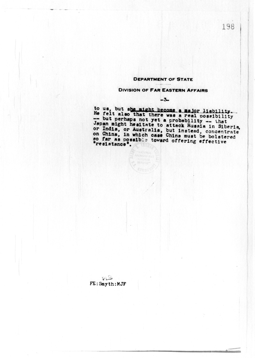 Memorandum, Department of State, Division of far Eastern Affairs
