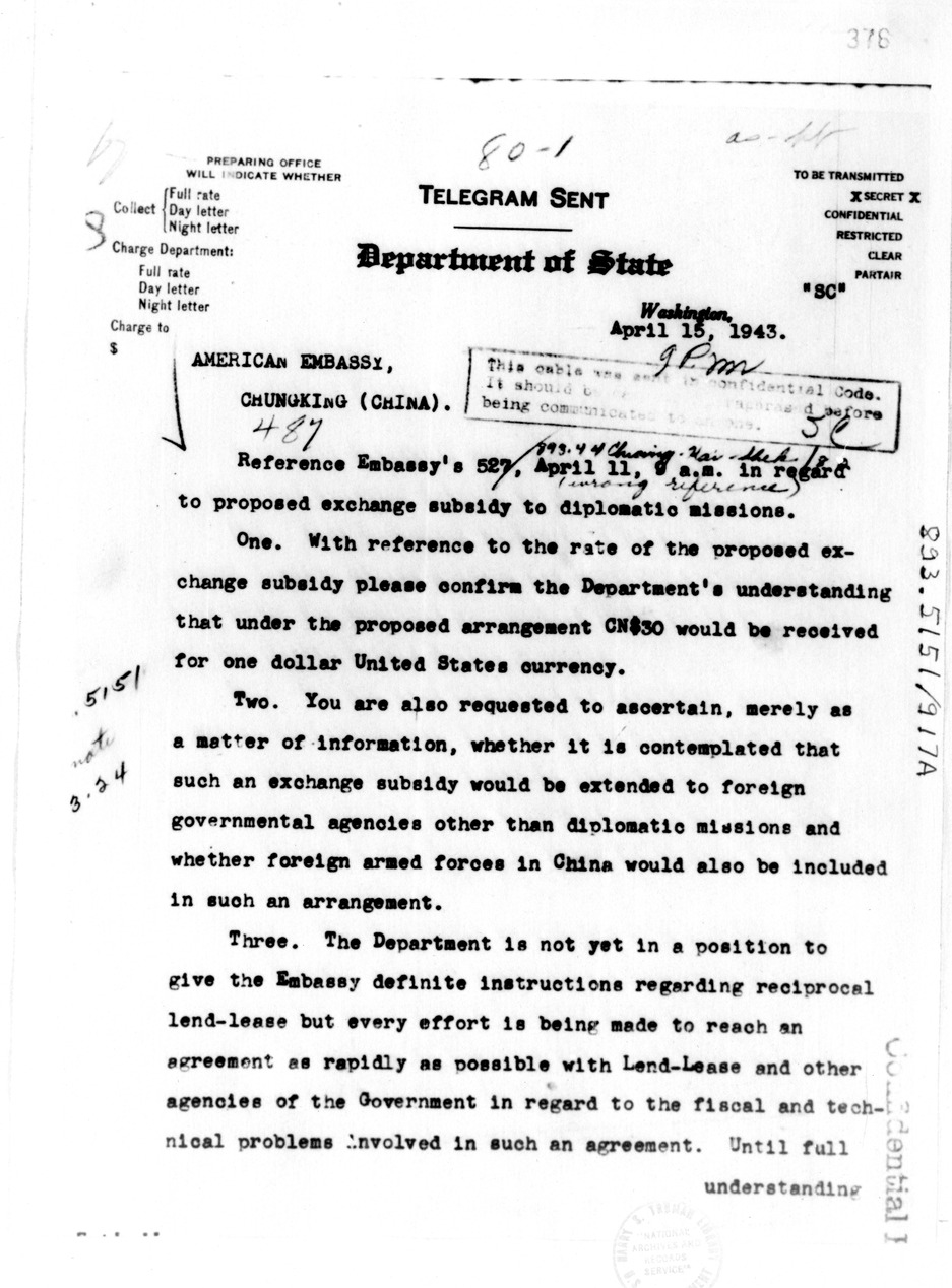 Department of State Telegram from Secretary of State Cordell Hull to American Embassy, Chungking