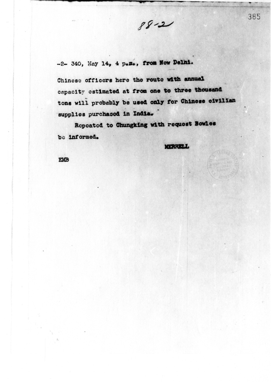 Telegram from George R. Merrell to Secretary of State Cordell Hull