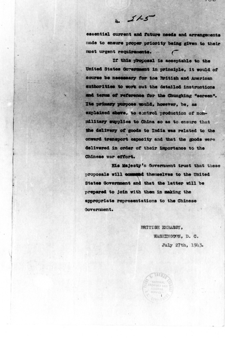 Memorandum from R. I. Campbell to Thomas Finletter with Attached Aide Memoire