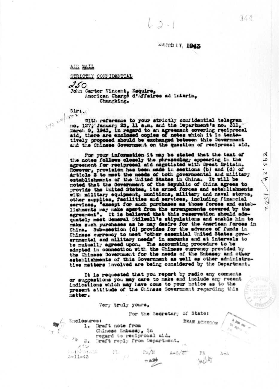 Memorandum from Dean Acheson to John Carter Vincent with Attachment