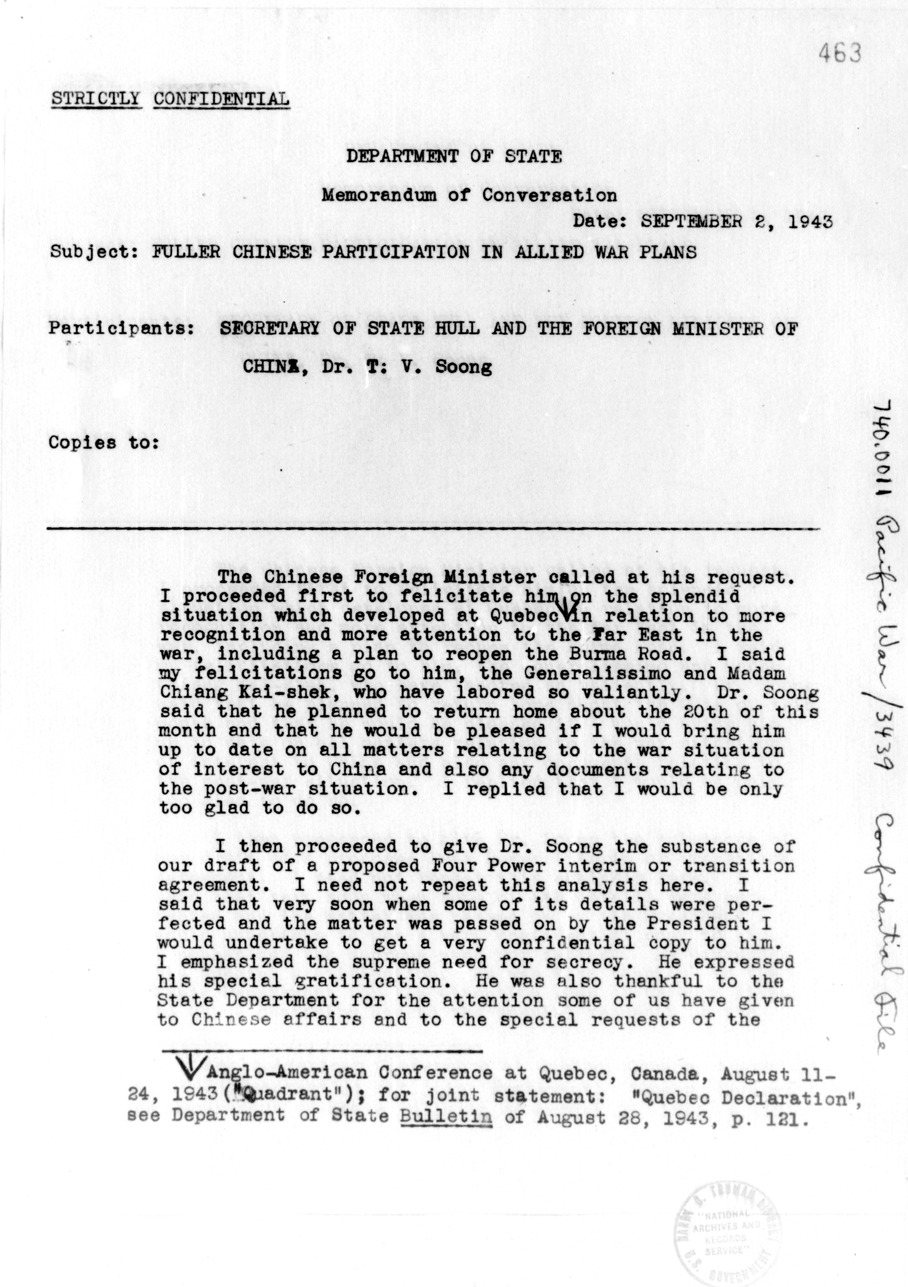 Memorandum of Conversation with Secretary of State Cordell Hull and T. V. Soong