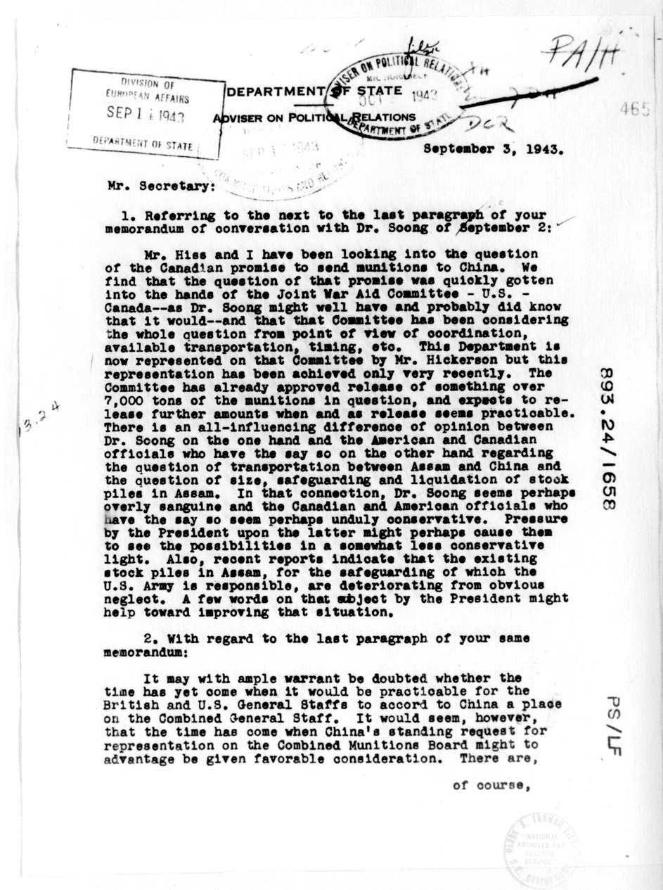 Memorandum from the Department of State, Adviser on Political Relations to Secretary of State Cordell Hull