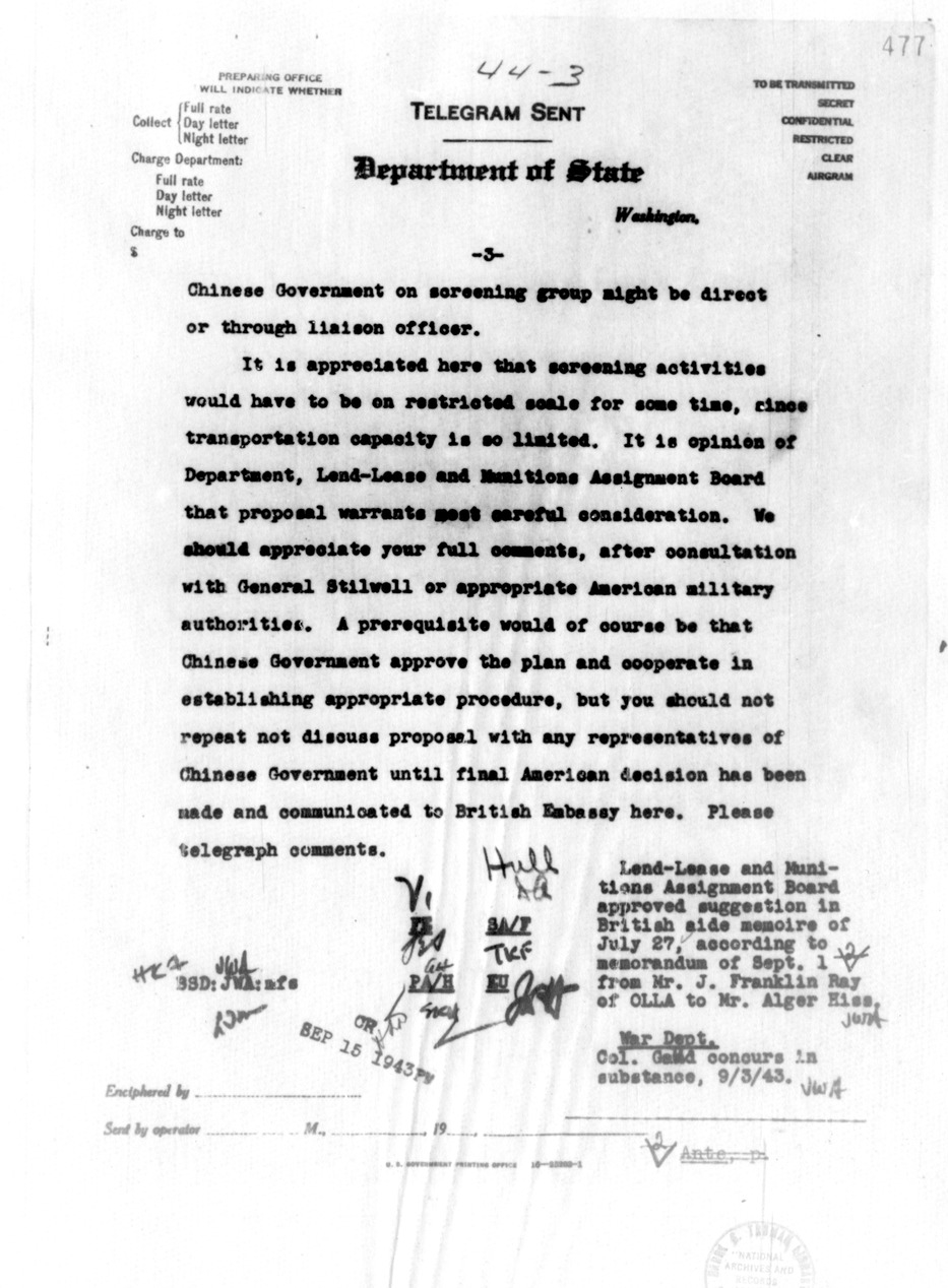 Department of State Telegram from Secretary of State Cordell Hull to American Embassy, Chungking