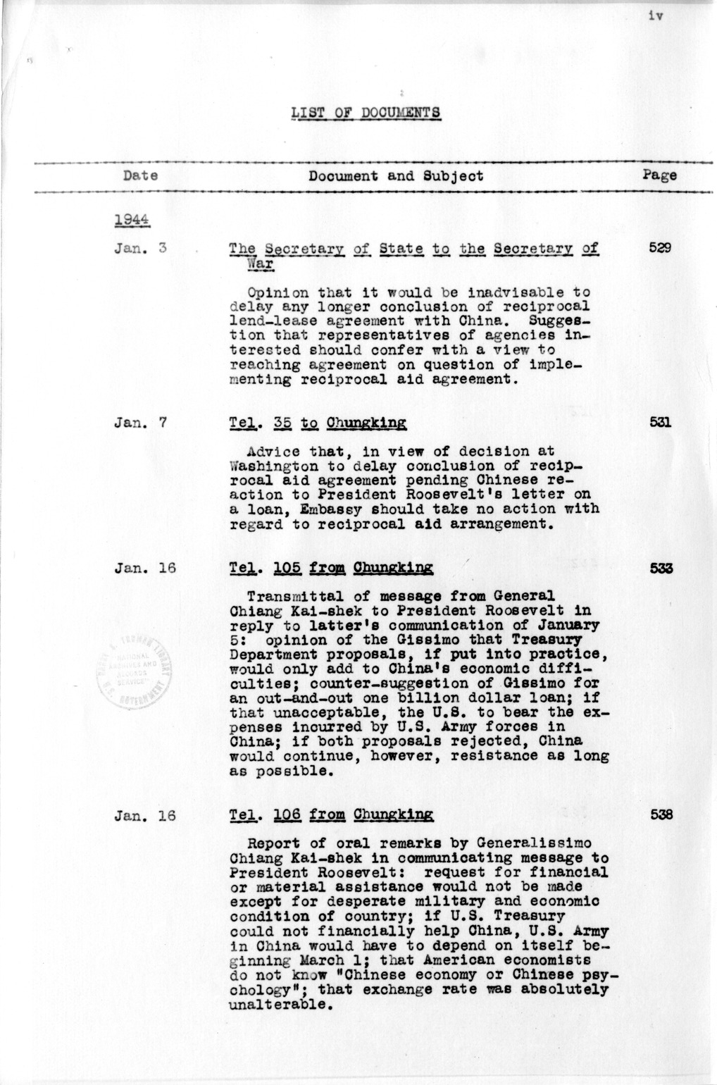 Title and Table of Contents, Documents On Diplomatic Aspects Of Efforts By The United States To Supply China With Materials Of War Under The Lend-Lease Act, 1940-1947 - Part IV (1944-1947)