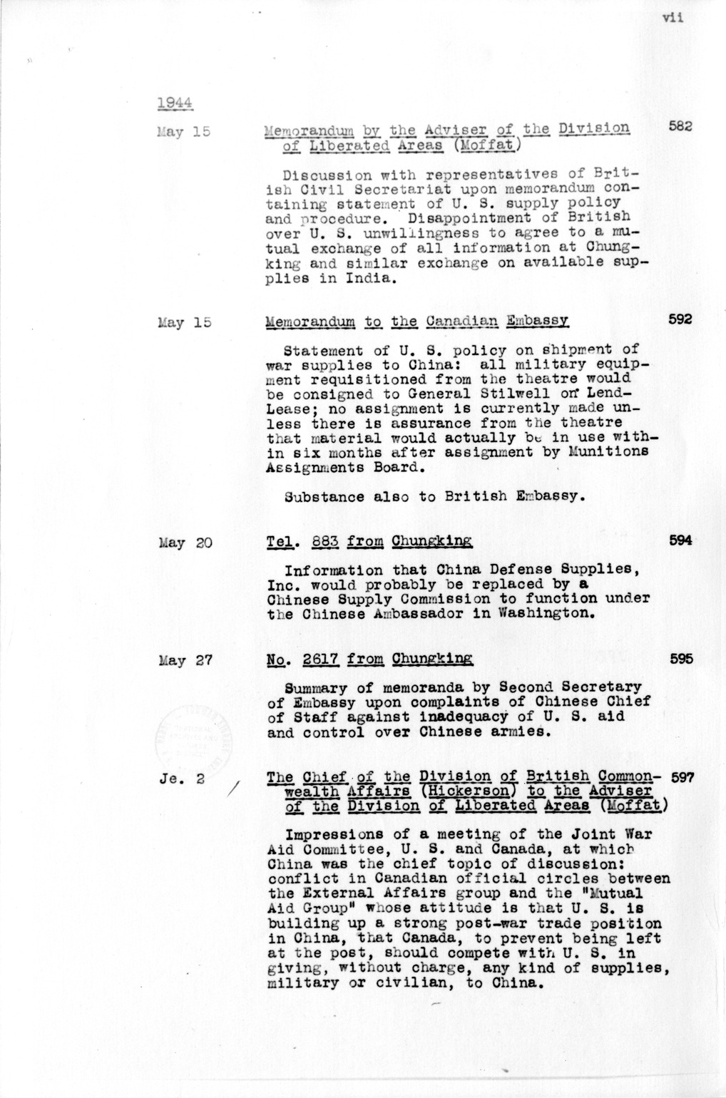 Title and Table of Contents, Documents On Diplomatic Aspects Of Efforts By The United States To Supply China With Materials Of War Under The Lend-Lease Act, 1940-1947 - Part IV (1944-1947)