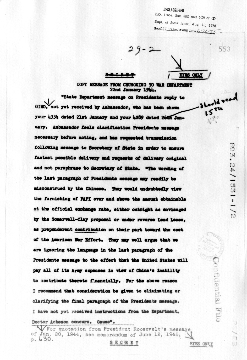 Memorandum from Major General Lucius Clay to Alger Hiss with Attached Telegram