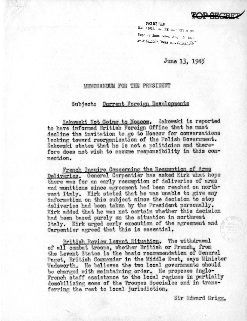 Memorandum from Acting Secretary of State Joseph Grew to President Harry S. Truman, Current Foreign Developments