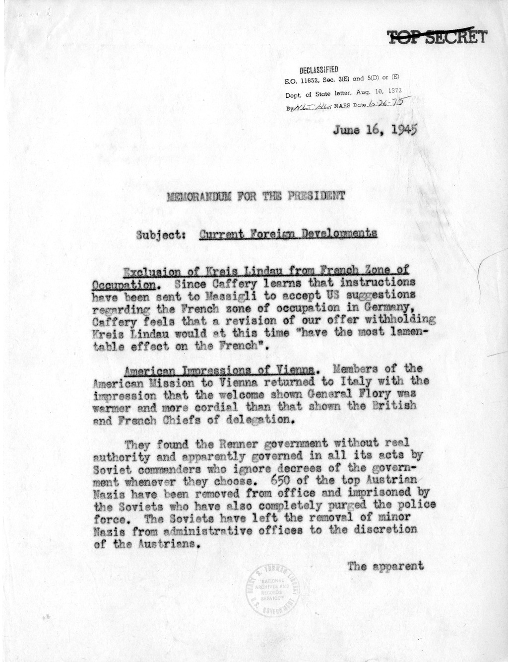 Memorandum from Acting Secretary of State Joseph Grew to President Harry S. Truman, Current Foreign Developments