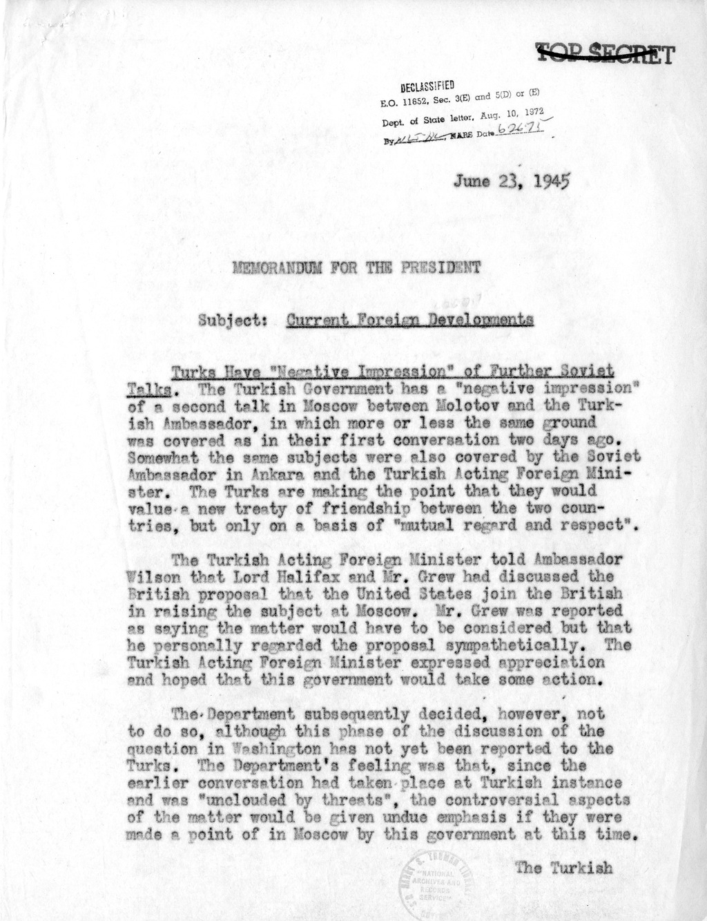 Memorandum from Acting Secretary of State Joseph Grew to President Harry S. Truman, Current Foreign Developments