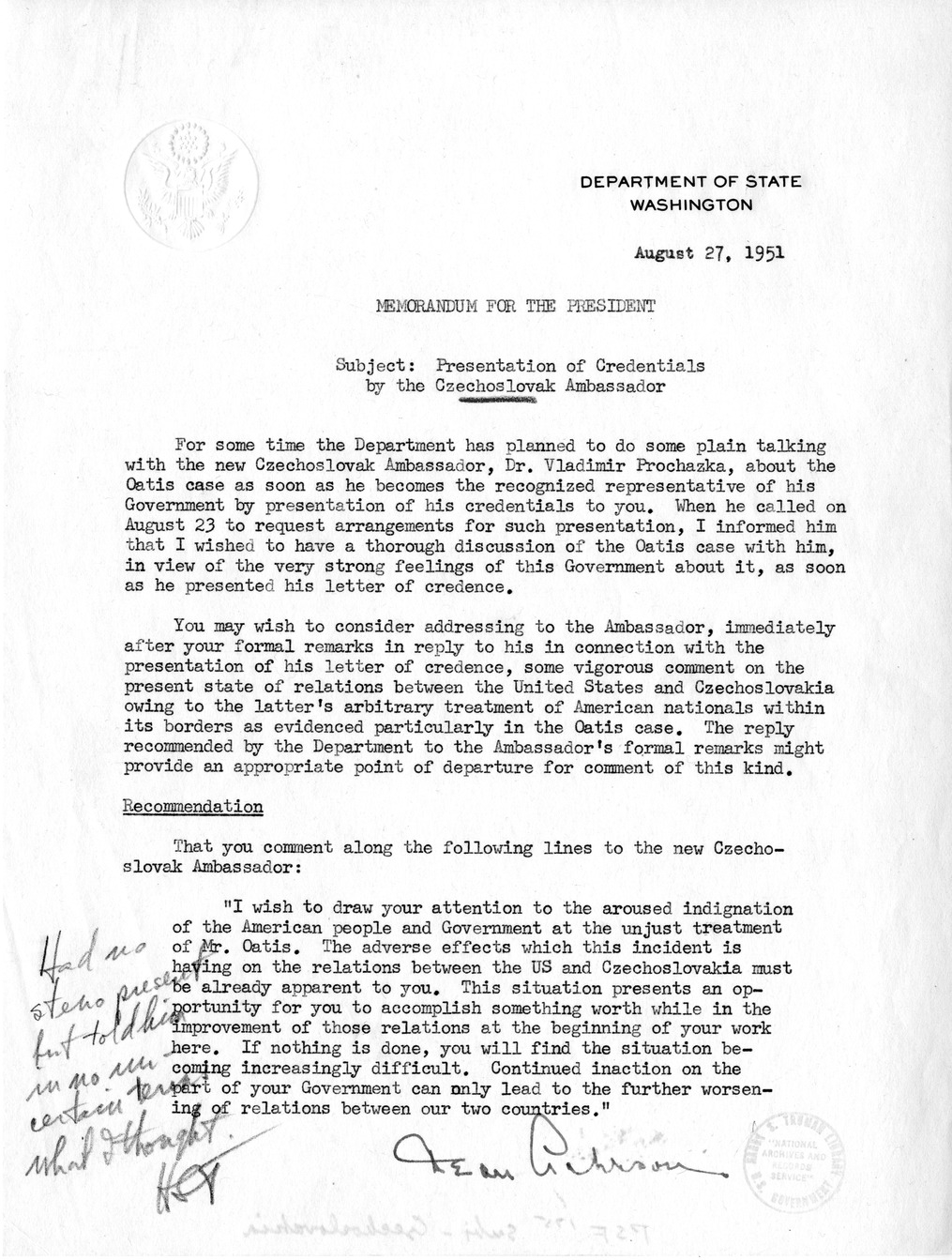 Memorandum from Secretary of State Dean Acheson to President Harry S. Truman