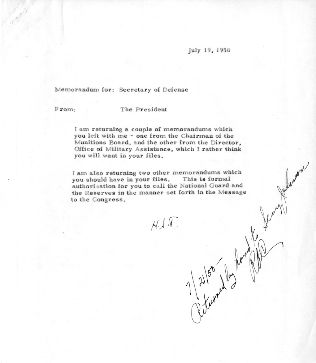 Memorandum from President Harry S. Truman to Secretary of Defense Louis Johnson