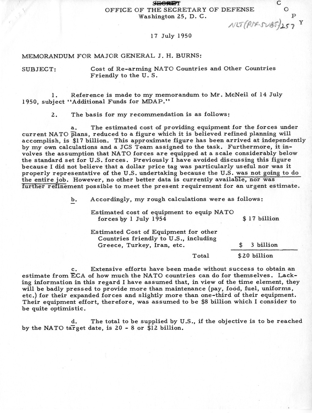 Memorandum from President Harry S. Truman to Secretary of Defense Louis Johnson