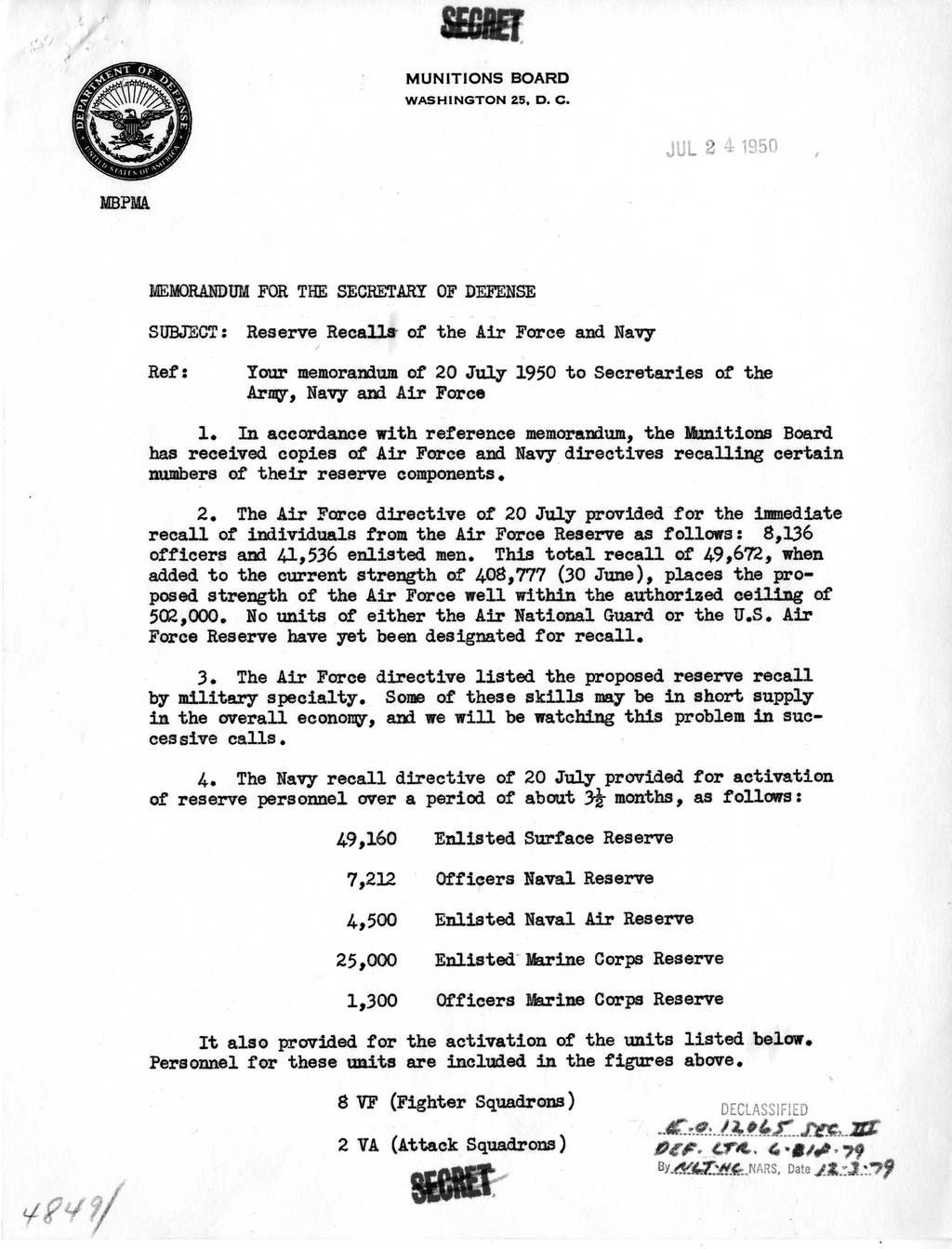 Memorandum from Major General Patrick Timberlake to Secretary of Defense Louis Johnson