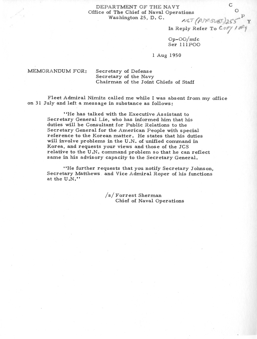 Memorandum from President Harry S. Truman to Secretary of Defense Louis Johnson, with Attachments