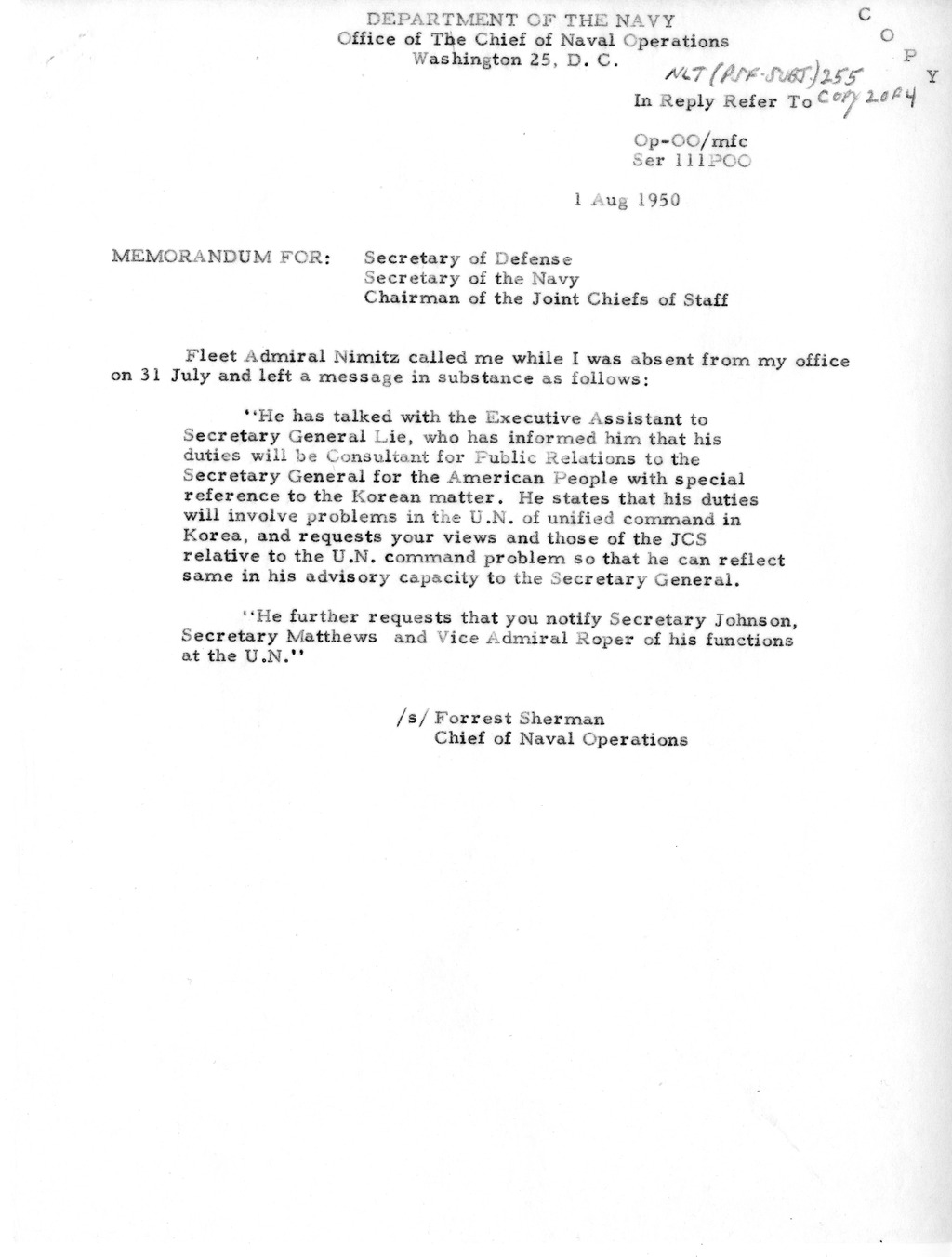 Memorandum from President Harry S. Truman to Secretary of Defense Louis Johnson, with Attachments