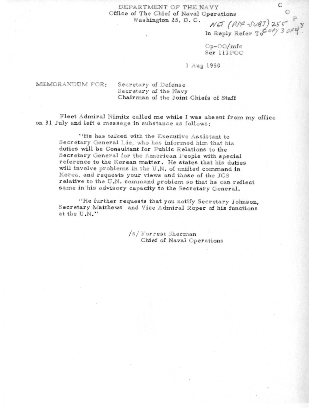 Memorandum from President Harry S. Truman to Secretary of Defense Louis Johnson, with Attachments