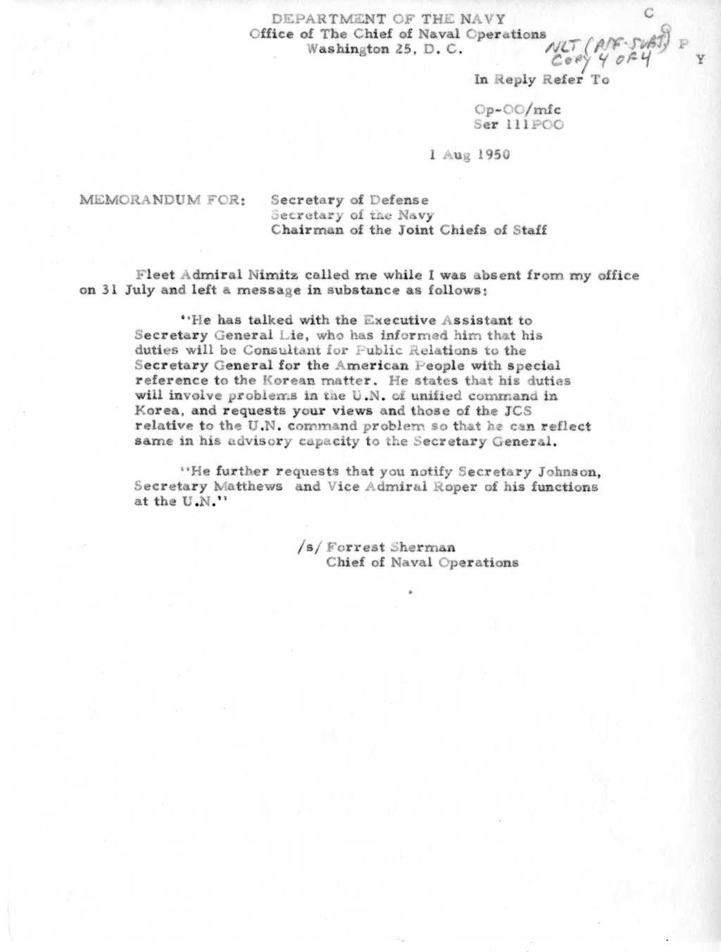 Memorandum from President Harry S. Truman to Secretary of Defense Louis Johnson, with Attachments