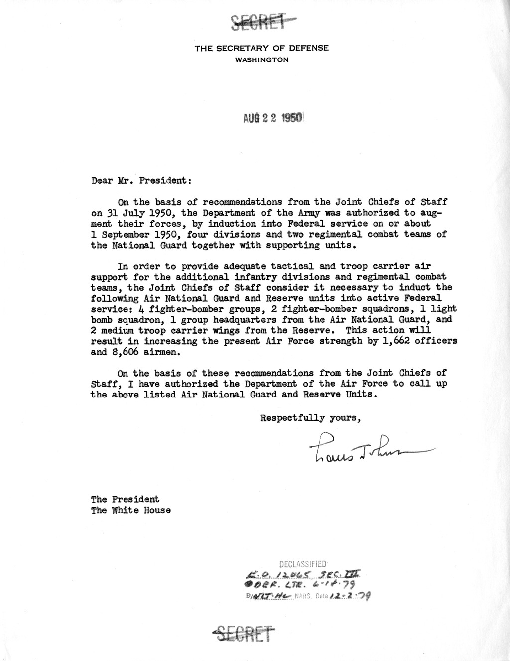 Memorandum from Secretary of Defense Louis Johnson to President Harry S. Truman