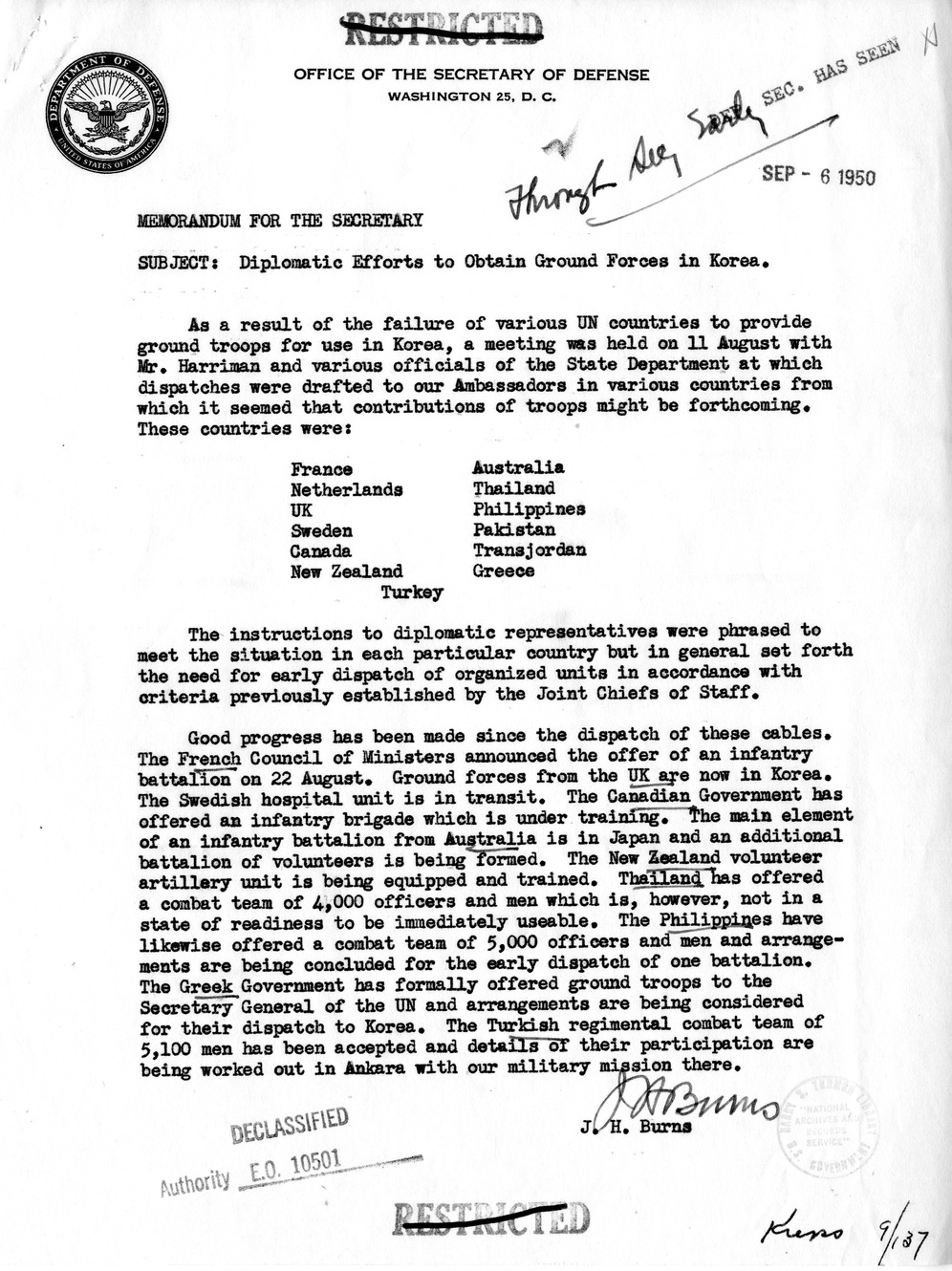 Memorandum from Secretary of Defense Louis Johnson to President Harry S. Truman, with Attachment