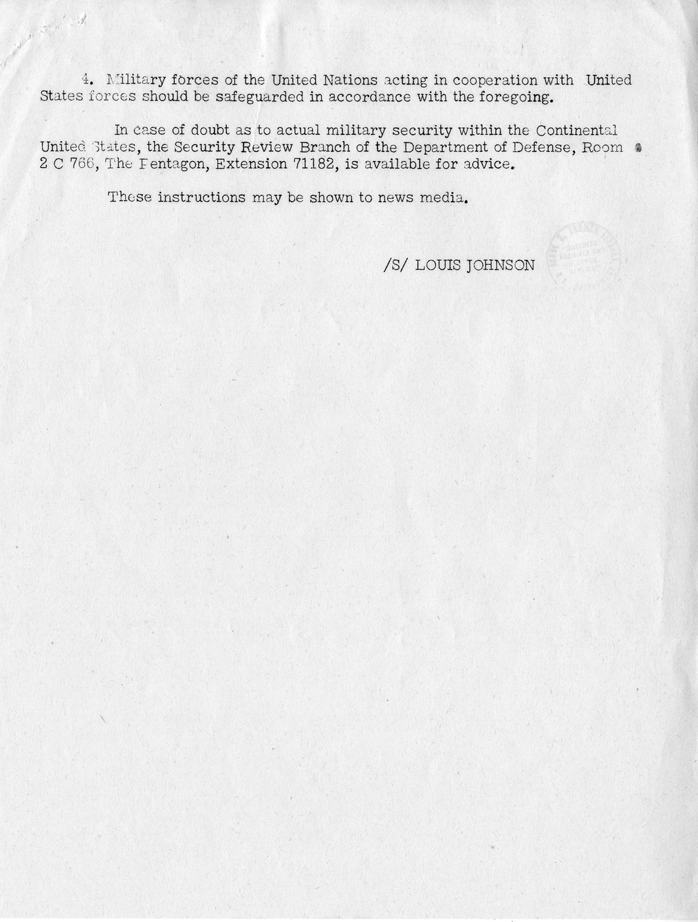 Memorandum from Secretary of Defense Louis Johnson to the Secretary of the Army, the Secretary of the Navy, and the Secretary of the Air Force