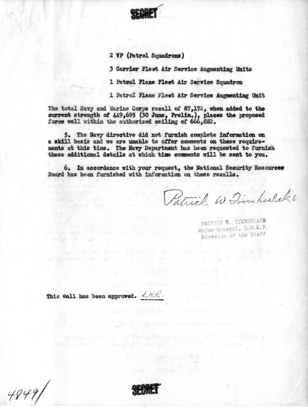 Memorandum from Major General Patrick Timberlake to Secretary of Defense Louis Johnson