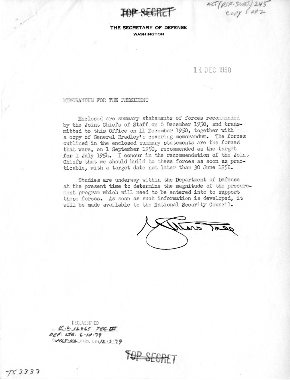 Memorandum from Secretary of Defense George Marshall to President Harry S. Truman with Attachments